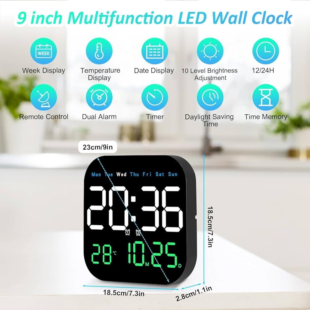 LED Digital Wall Clock – Remote Control & Auto-Dimming, 9" Display