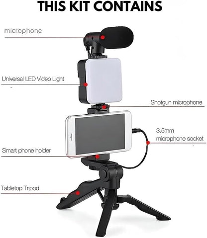 Video Recording Kit – With Tripod, Microphone & LED Light