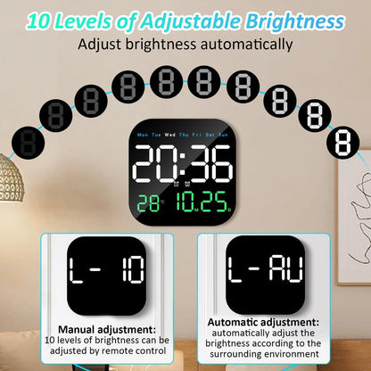 LED Digital Wall Clock – Remote Control & Auto-Dimming, 9" Display